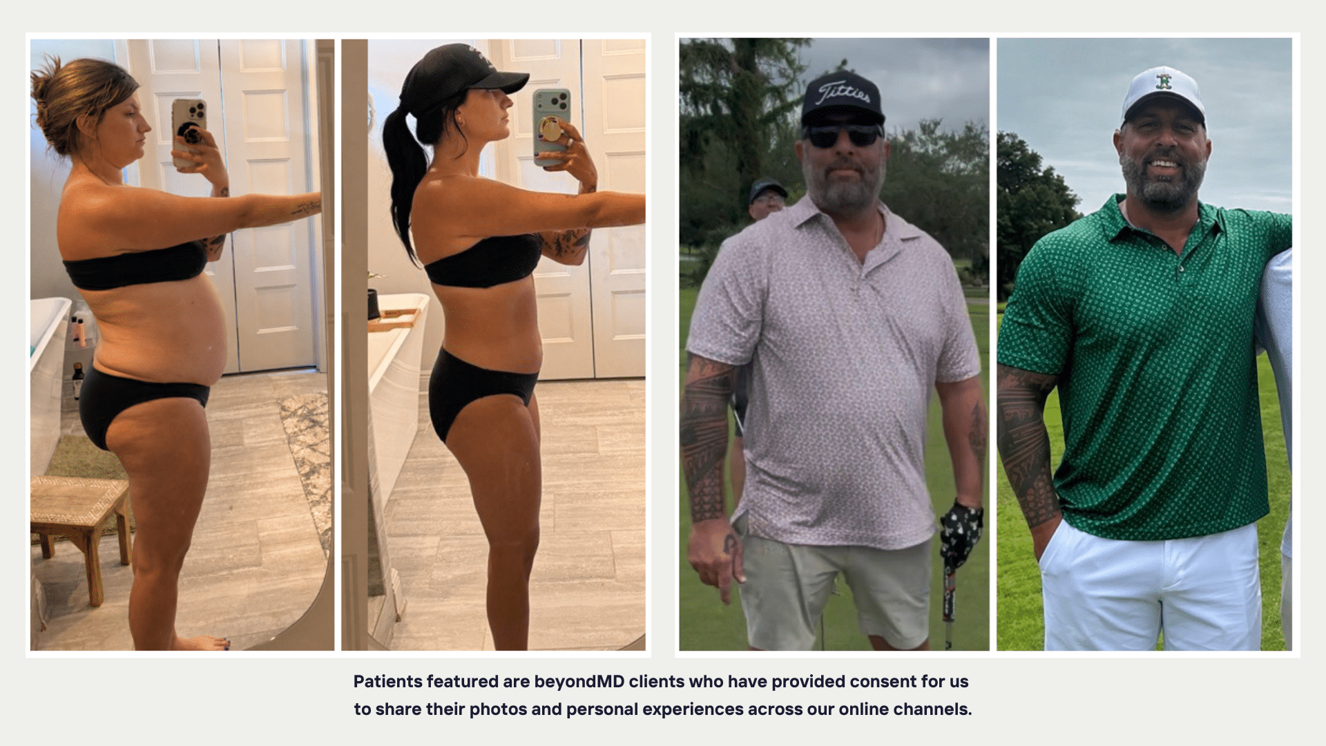 Before-and-after photos of two patients showing weight-loss progress, illustrating potential outcomes discussed in a Wegovy vs Mounjaro comparison.