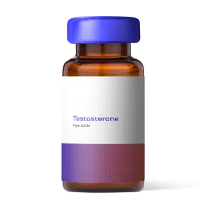 Close-up product image of an Injectable Testosterone vial featuring an amber glass bottle with a bright blue cap and a white label displaying “Testosterone Injectable” in purple lettering. The vial has a purple-to-red gradient design along the bottom and is photographed against a clean white background. The image represents injectable testosterone for men, a prescription hormone treatment used in testosterone replacement therapy (TRT) to help restore testosterone levels in men with clinically diagnosed testosterone deficiency.