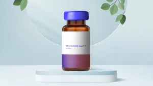 A microdose GLP-1 injectable vial featuring a bright blue cap and a white label with purple and red gradient accents. The vial is displayed on a circular white platform against a soft blue background with decorative green leaves, highlighting microdose GLP-1 as an injectable treatment option being explored for weight management and metabolic health.